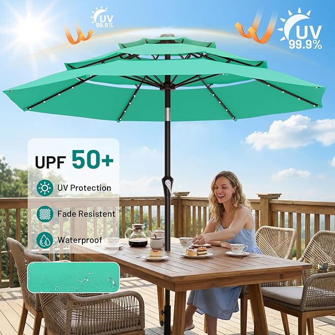 AreShark 9ft 3 Tiers Patio Umbrella with Solar Lights, Outdoor Umbrella w/ 32 LED Lights&8 Sturdy Ribs, Table Umbrella for Deck, Backyard, Pool (Turquoise)