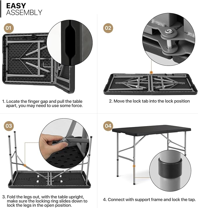MoNiBloom 4Ft Folding Card Table, Outdoor Foldable Small Portable Plastic Dining Picnic Cookout Table w/Handle, Black