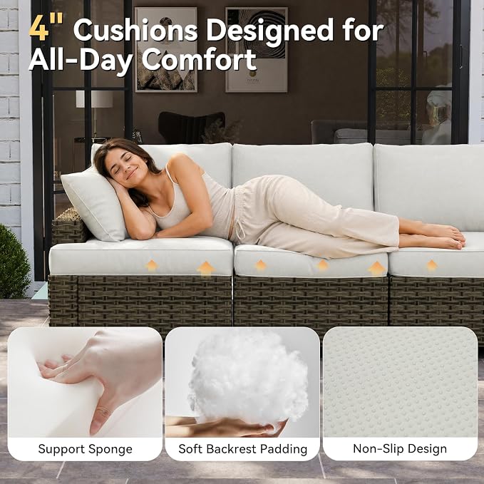 LET'S PATIO Luxury Patio Furniture Set，9 Piece Outdoor Furniture Sectional Set with Swivel Rocker Chairs of 2，All-Weather Patio Sectional Sofas with Thickened Cushions, Beige