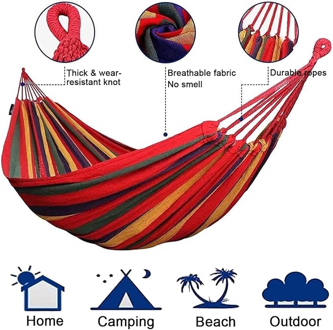 Double Hammock 2 Person Canvas Cotton with Tree Straps for Patio Garden Backyard Outdoor and Indoor(Blue240X100cm)