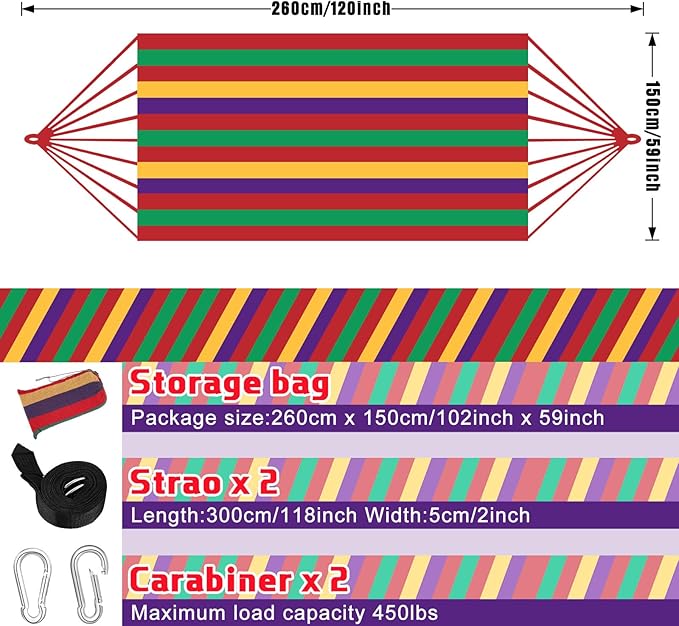 Windyun 2 Sets Cotton Canvas Hammock Large Double Hammock 400lbs Portable Camping Hammocks for Outside with Carrying Bag Sturdy Metal Knot Ropes and Tree Straps for Travel Patio Garden Backyard (Red)