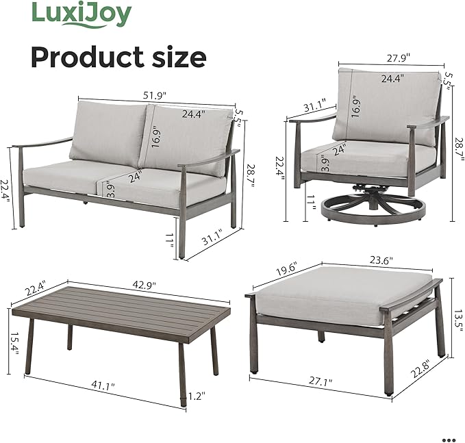 6 Pieces Aluminum Outdoor Patio Furniture Sets with Coffee Table, Cushioned Loveseat and Swivel Chairs with Ottoman, All Weather Conversation Set for Yard Proch Deck, Greige & Grey