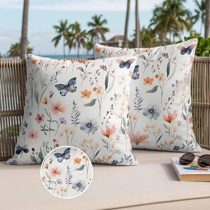 Spring Flower Butterfly Outdoor Waterproof Throw Pillow Covers Set of 2, 20"x20", Retro Watercolor Floral Leaf Decorative Pillow Covers Outside Cushion Case for Patio Porch Garden