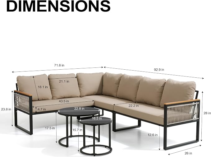 7-Piece L-Shaped Patio Conversation Sets, Hand-Woven Wicker Outdoor Sectional Sofa with Glass Nesting Coffee Table, Weather-Resistant Frame, Removable Cushion for Deck, Porch, Backyard (Beige)