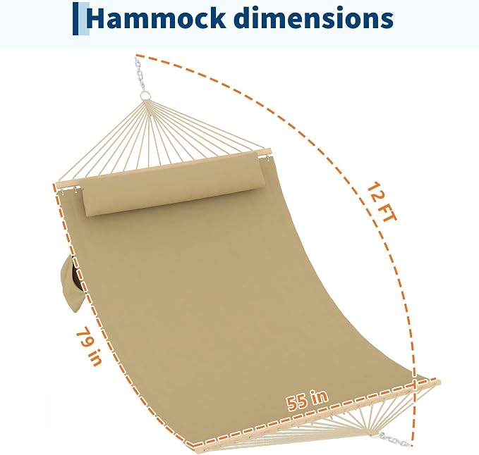 Garvee Double Quilted Fabric Hammock with Hardwood Spreader Bars and Pillow 450 LBS Capacity 2 Person Large Hammock for Outdoor Patio Backyard Poolside（Tan）