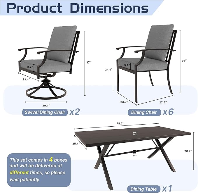 ALAULM 9-Piece Patio Dining Table and Chairs for 8 Outdoor Dining Set with 2 Swivel Chairs Patio Dining Sets with Rectangular Metal Table with Umbrella Hole for Patio, Backyard, Garden-Grey