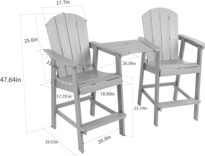 Outdoor Tall Adirondack Chairs Set of 2,Outdoor Bar Height Barstools Widened Chair with Wood Grain,High Backrests,Ideal for Patio,Camping,Pool,Outdoor Use.(White)