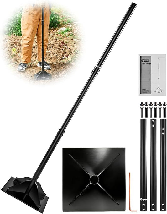 Saker Steel Tamper Heavy Duty Hand Compactor Tool, 10x10 Inch Ground Tamper for Soil, Gravel & Asphalt Compaction, 48 Inch Cushioned Handle for Driveway, Paver, Yard & Blacktop Repair