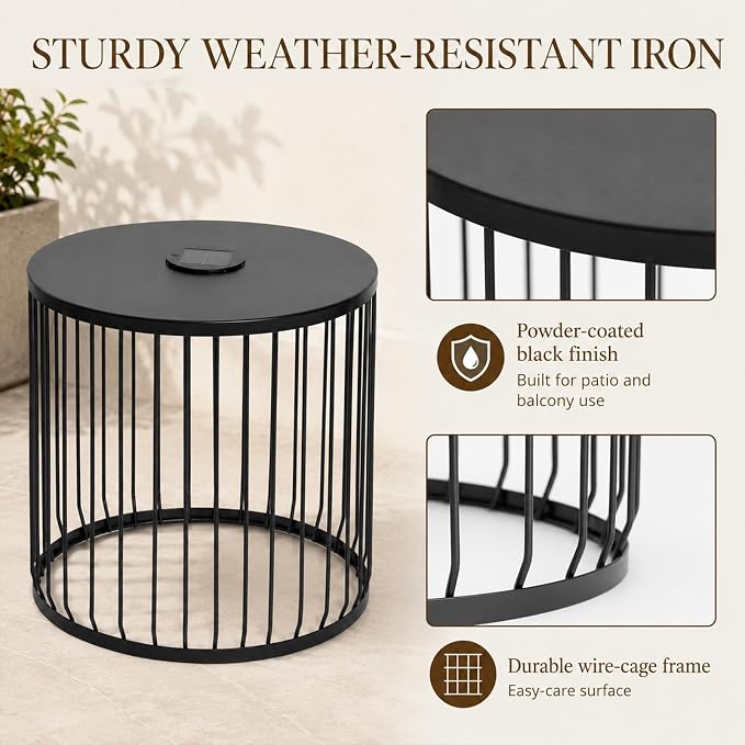HRVEOCEI Black Round Nesting Coffee Table Set of 2, 2 PCS Small Outdoor Nesting Tables with LED Light for Living Room, Metal Side Table Set for Balcony Patio (45 Inch + LED)