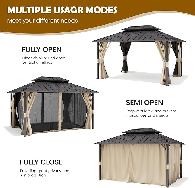 UDPATIO 12'x16' Permanent Hardtop Gazebo with Galvanized Steel Double Roof for Patio Backyard Garden, Curtains and Netting Included, Beige
