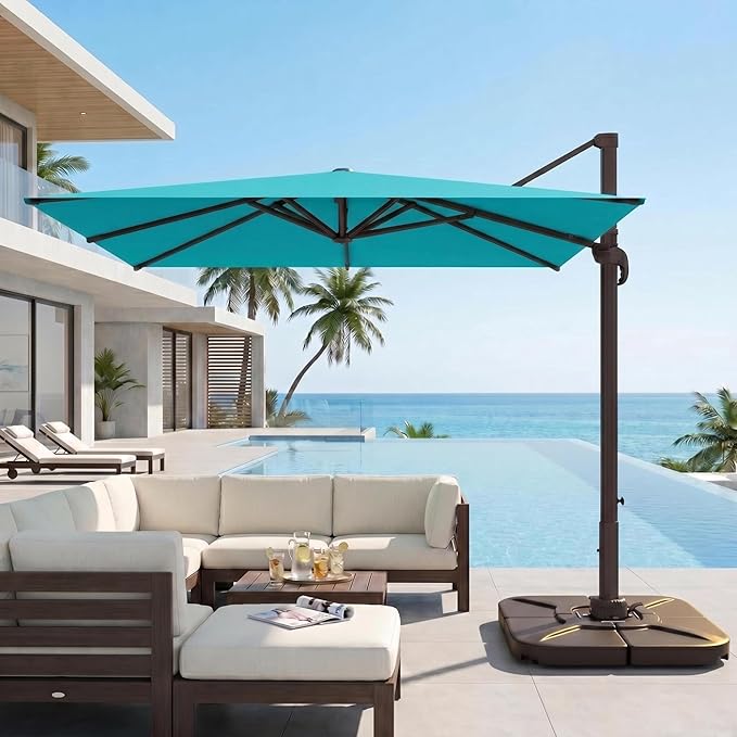 Kingdura 9' X 9' Cantilever Patio Umbrella with Base Included, Large Square Outdoor Offset Umbrella with 360-degree Rotation, 4 Position Tilt, UV Protection for Pool Deck Garden Patio (Peacock blue)