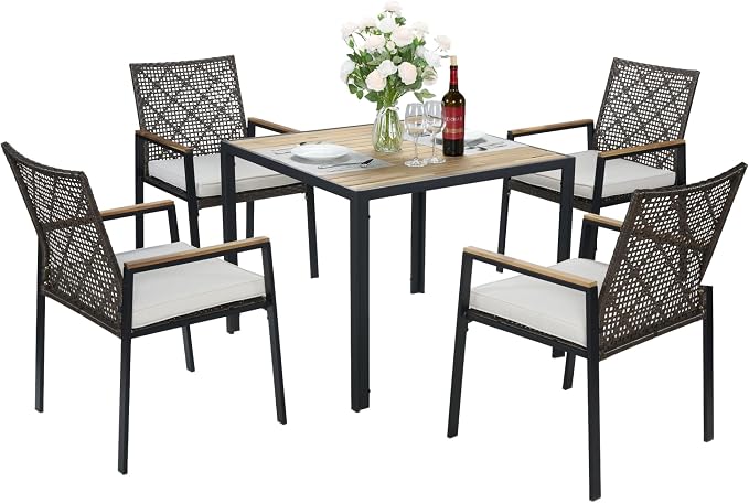 5-Piece Outdoor Patio Furniture Dining Set, All-Weather Rattan Conversation Set with Umbrella Hole, Weather Resistant Table and Chairs for Garden/Backyard Deck (Dark Brown)