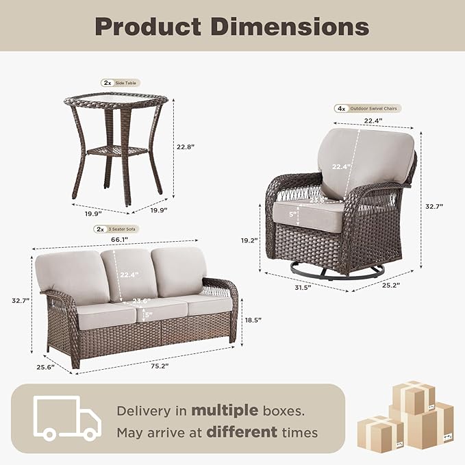 Belord Patio Chairs Set and 3-seat Sofa, Wicker Swivel Rocker Outdoor Chairs for Deck Yard and Poolside, 8 Piece Luxury Patio Furniture Set,Beige