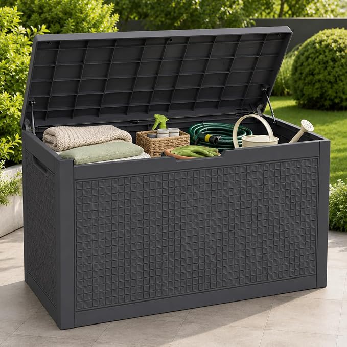 102 Gallon Outdoor Storage Box, Resin Deck Box Waterproof & Lockable, Patio Cushion Storage Bench for Garden, Pool, Furniture & Tools, UV Resistant Heavy Duty, Black