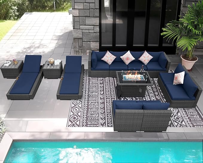 NICESOUL 13 Piece Outdoor Sectional w/Fire Pit Table, Luxury Modular Patio Furniture Set w/Chaise Lounge, Plus 29.3'' High-Back Seating Sofa, All-Weather Deck Couch for Poolside, Yard, Grey & Blue