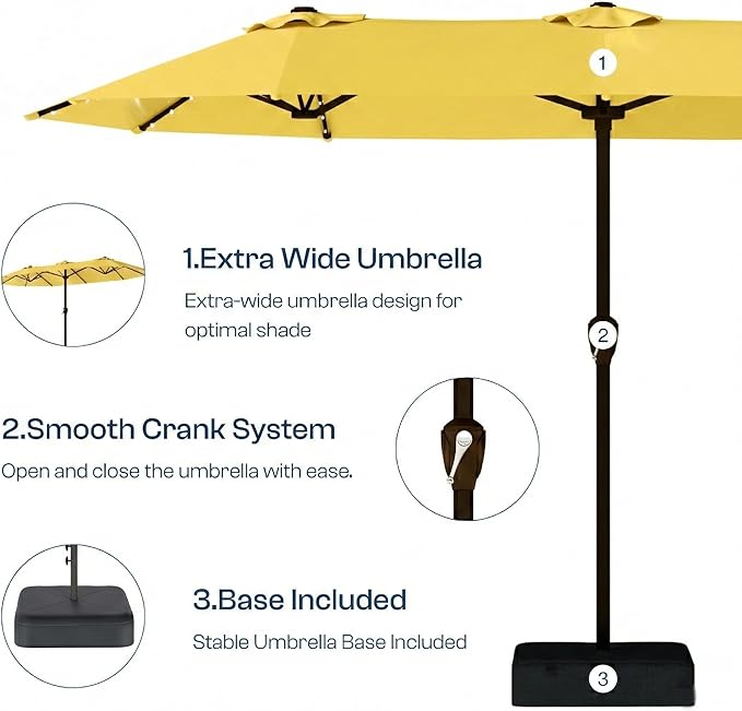 15FT Patio Umbrella with Solar Lights, Double-Sided Extra Large Outdoor Table Umbrella with Base Included, Heavy-Duty 12 Iron Ribs Market Umbrella for Garden, Pool, Backyard, Sunshine Yellow