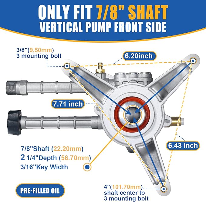 TOOLCY 7/8" Shaft Vertical Pressure Washer Pump, 2500 PSI 2.5 GPM Front Inlet/Outlet Replacement Pump Kit with Nozzles & Hardware, Fits 180-196cc Gas Power Washer for Driveway, Fence, Patio Cleaning
