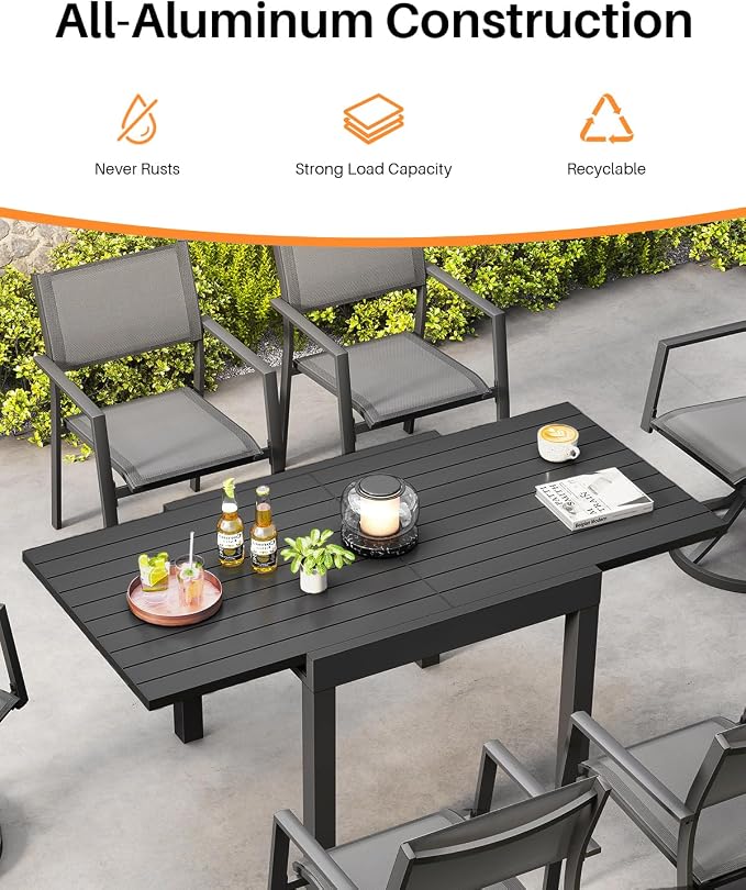 Patio Aluminum Extendable Dining Table, Rust-Free Expandable Outdoor Dining Table for 4-6 Person, 32"-65" Expandable Patio Table Rectangle Patio Dining Table Porch, Deck, Garden, Black