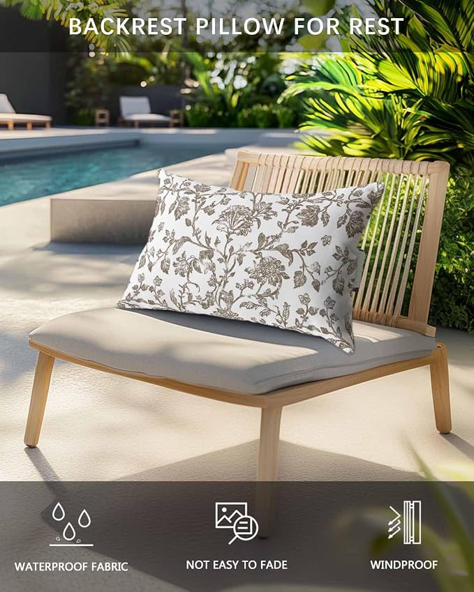 Pack of 4 Outdoor Lumbar Pillow Covers 12x20 Inch, Brown Flower Waterproof Throw Pillow Covers Set, Vintage Farmhouse Boho Leaf Spring Plant Indoor&Outdoor Cushion Cases for Patio Porch Beach