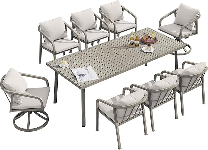 9-Piece Outdoor Dining Set, Never-Rust Aluminum Patio Dining Set with 2 Swivel Chairs, Patio Table and Chairs Set with Washable Cushions, Outdoor Furniture Set for Deck, Backyard, Gray Oak