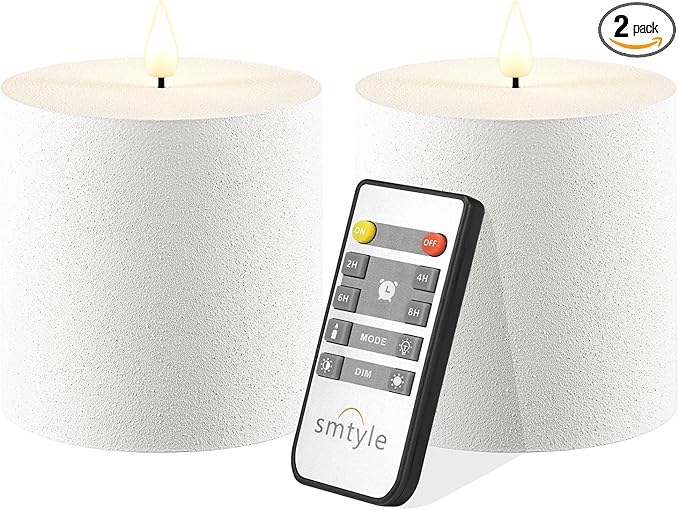 smtyle 4"x4" White Plastic Flickering Textured Flameless Battery Operated LED Pillar Candles with Remote Set of 2 for Centerpieces Table Wedding Party Garden Christmas Decor