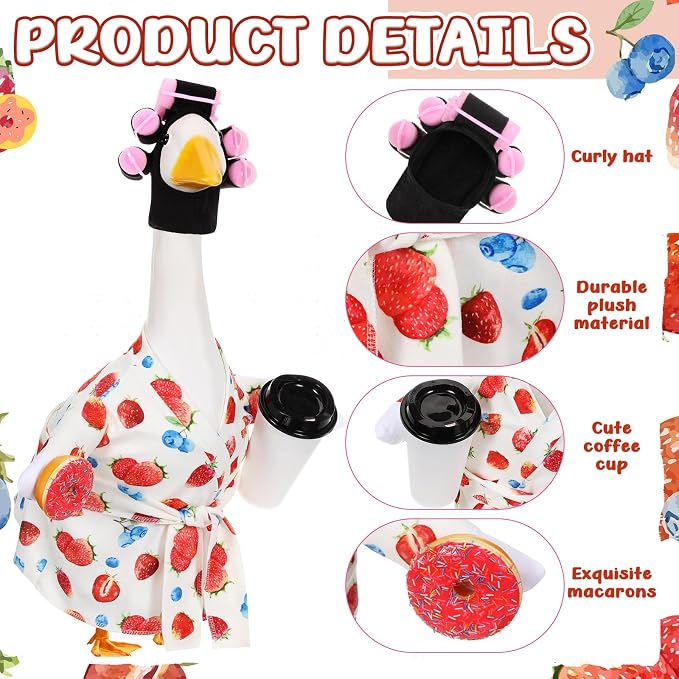 Shyyween Summer Lady Porch Goose Outfit for 23 Inch Cement Plastic Goose Statue Clothes Strawberry Blueberry Bathrobe Coffee Cup Curlers for Outdoor Decoration
