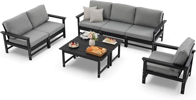 HDPE Outdoor Patio Furniture Set, 8-Piece Sofa Set with 3-Seat Couch,loveseat, Armchair & 2 Coffee Tables, Weatherproof Conversation Set with Cushions,for Garden, Porch & Backyard