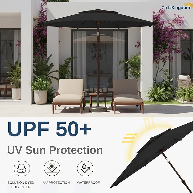 9FT Patio Umbrella 2-Tier Outdoor Market Table Umbrella with Push-Button Tilt & Crank | UPF 50+ & Waterproof for Backyard,Garden,Pool,Deck(Black)