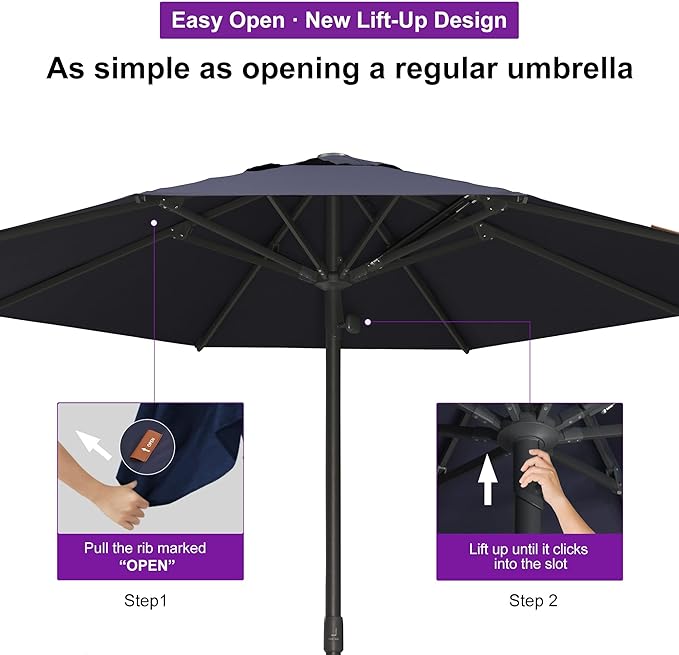 PURPLE LEAF 9Ft Round Semi-Auto Outdoor Patio Umbrella Aluminium Market Umbrella Table Sun Umbrella with 1.89" Rod and 8 Sturdy Ribs for Deck Lawn Pool Garden, Navy Blue