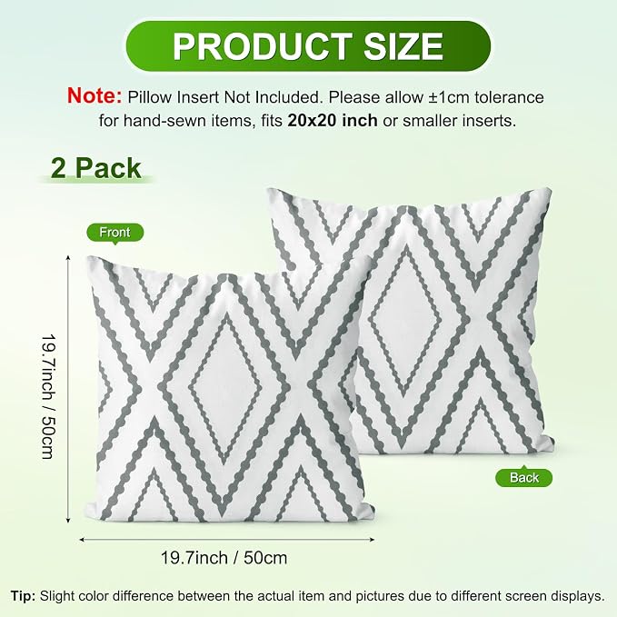 M METERXITY 2Pcs Boho Pillow Cover 20x20 Linen White Gray Stripe | Water Resistant Boho Geometric Slipcover, for Patio, Balcony, Garden, Decor Pillow Case