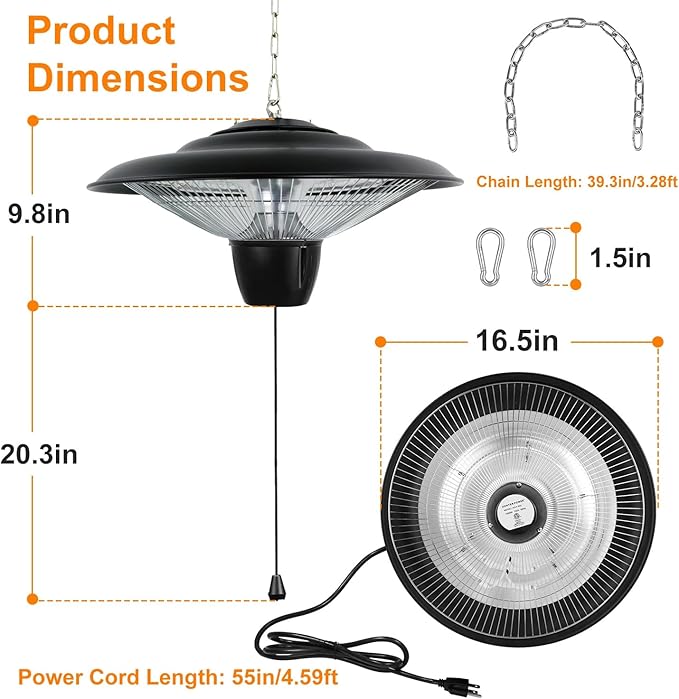 Patio Heater for Outdoor Use, 1500W Hanging Heater with Pull String Control, 2 Adjustable Heating Levels, Overheat Protection, Ultra Quiet Electric Heater for Porch Balcony Garage Living Room