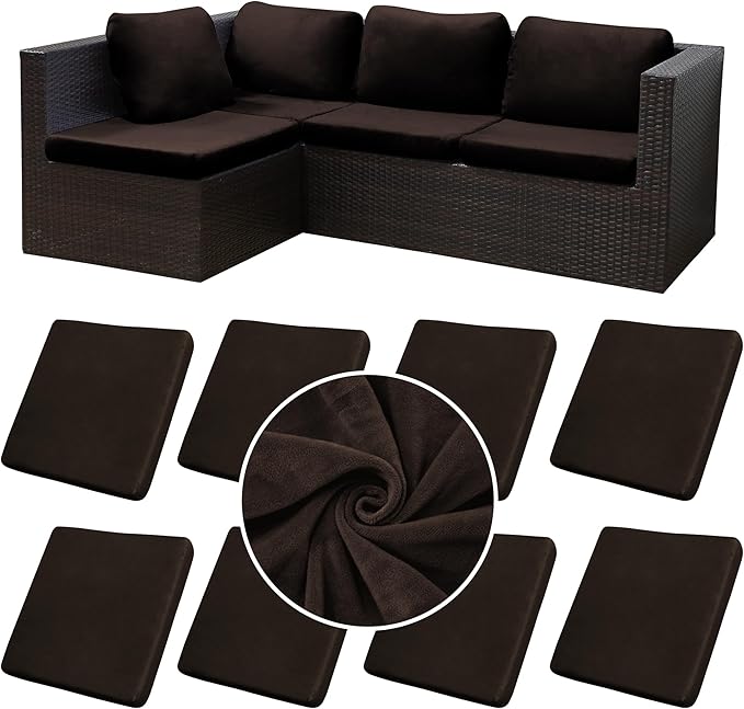 BIETYONE 8Pcs Stretch Velvet Patio Cushion Cover,Fluffy,for Fall Outdoor Couch Cushion Cover Replacement,Washable Indoor Outdoor Cushion Slipcovers(Coffee,Cover Only)