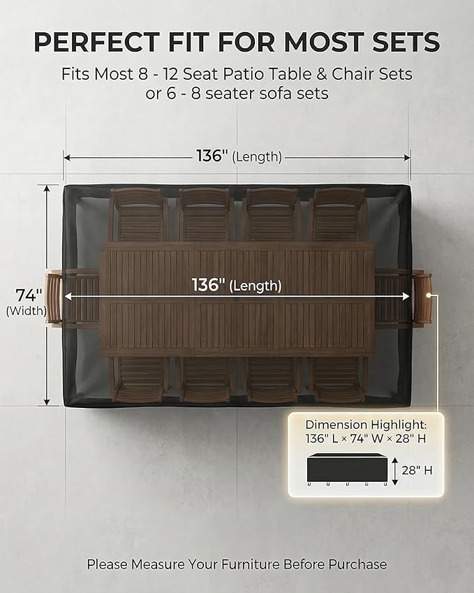 Outdoor Patio Furniture Cover Rectangular, Heavy Duty 600D Waterproof Cover for Table & Chair Set, Windproof,UV Resistant, All-Season Protection for Backyard,Deck & Garden,136" L x 74" W x 28" H,Black