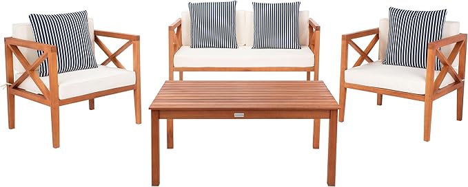 Safavieh Outdoor Nunzio Natural and Beige 4-Piece Patio Set (Pillows Included)