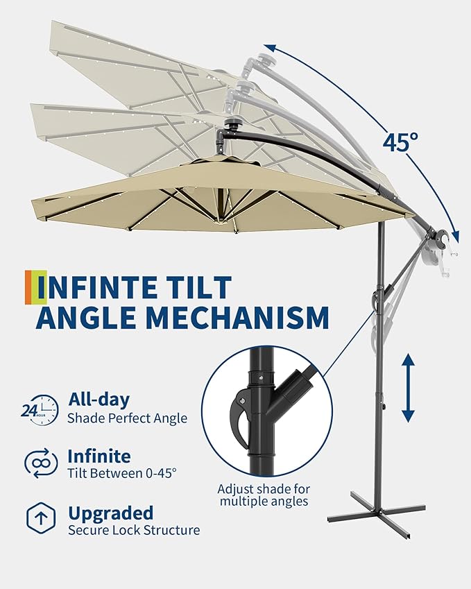 10FT Cantilever Patio Umbrella with Solar LED Lights - Heavy Duty 2-Tier Square Aluminum Offset Outdoor Umbrella, 360° Rotation for Poolside, Backyard, Deck Outdoor Use, Tan