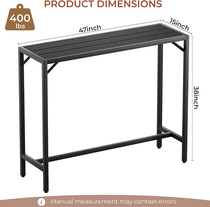 TLSUNNY Outdoor Bar Table, 47" Patio Counter Height Table, High Top Furniture w/HDPE Top, E-Coating & Hammer-Finish Frame, Adjustable Foot, All Weather for Hot Tub,Balcony,Poolside,Kitchen