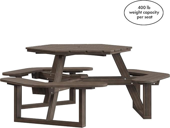 Shoreline Made in USA Hexagon Picnic Table, Seating for 6, Weathered Driftwood