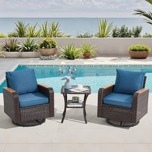 3 Pieces Outdoor Furniture Set with Swivel Chairs, Wicker Patio Furniture Sets for Porch Deck Bistro Lawn Garden Backyard Poolside - Navy Blue
