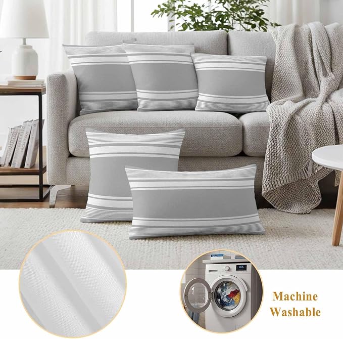 Outdoor Waterproof Throw Pillow Covers, Grey Striped Decorative Pillow Cases, Modern Color Block Farmhouse Stripes Couch Pillow Protector Patio Sofa Cushion Covers Replacement 16"x16" 2 Pack