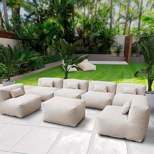 ANNYH CALALUNA 7Pc Patio Garden Furniture Sectional Conversation Set.Combines 6 Middle Chairs 1 Ottoman/Coffee Table Outdoor Exp Foam Filled Chairs A Unique Modular Contemporary Sofa (Light Beige)