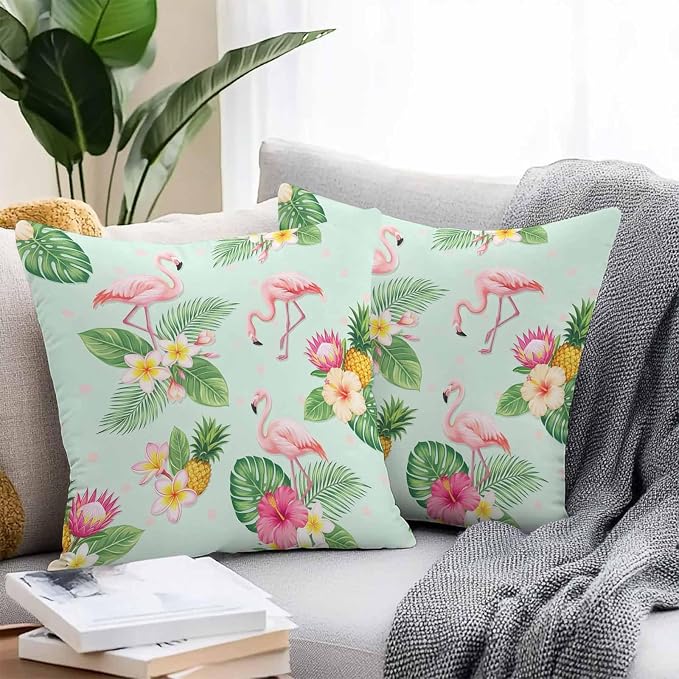 Pink Flamingos Outdoor Pillow Covers 26"x26" Set of 2, Summer Tropical Yellow Pineapples Green Palm Leaf Waterproof Throw Pillow Covers for Patio Furniture, Decorative Cushion Covers for Porch
