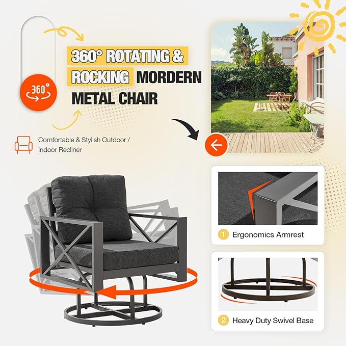 6 Pieces Metal Patio Furniture Set, Outdoor Seating Furniture with Swivel Chairs and Ottoman Ideal for Indoor Porch Deck Bistro Lawn Garden Backyard Poolside-Grey