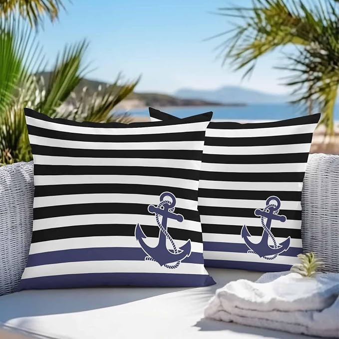 Throw Pillow Covers 24x24 Inch Set of 2, Anchor Black Waterproof Outdoor Cushion Covers, Modern Navy Blue White Striped Nautical Decorative Pillowcases for Couch, Sofa, Bed, Garden, Patio