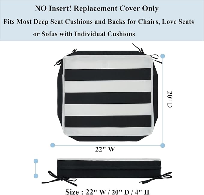 FUNHOME Patio Cushion Covers 22 x 20 x 4 Inch, No Insert! Water Repellent Outdoor Cushion Covers Set of 2 with Zipper and Tie, Replacement Cover Only(Black White Stripe)