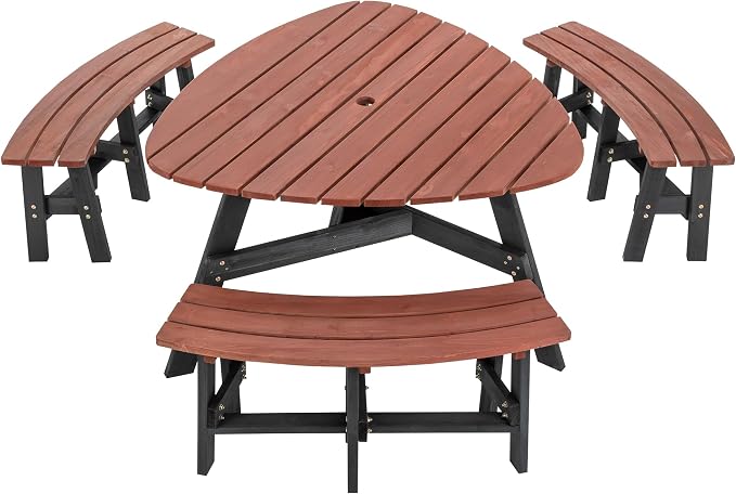 Thanaddo Wood Picnic Table, 43” Tabletop with Umbrella Hole, 3-6 Person Outdoor Wooden Picnic Table Bench Set for Patio, BBQ, Dining, Brown