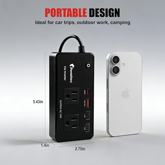 200W Power Inverter for Car – DC 12V to 110V AC Converter with LED Display & 4 USB Ports (24W PD USB-C) – Compact Vehicle Adapter for Laptop, Tablet, Phone – Road Trip Essential
