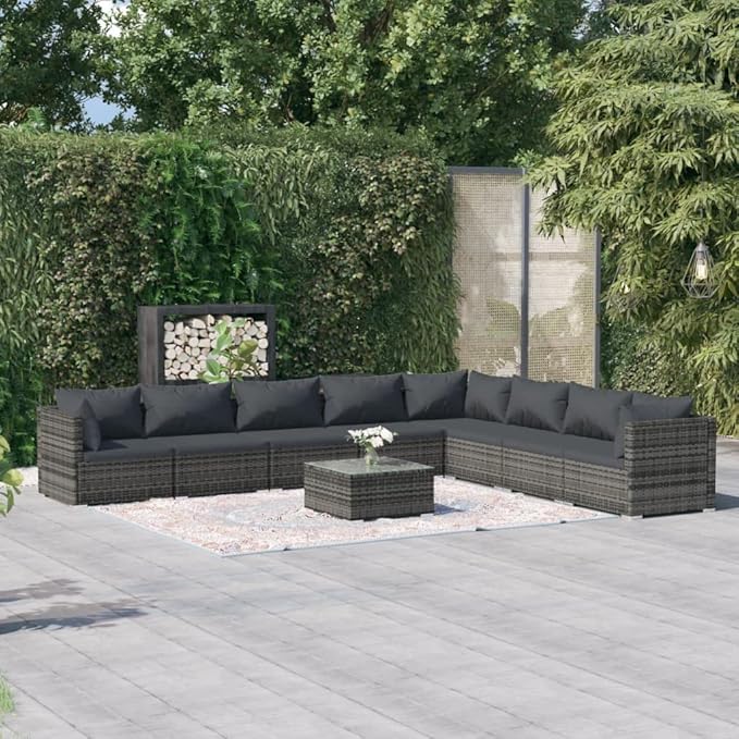 9 Piece Patio Lounge Set with CushionsOutdoor Dining Chairs,Patio Furniture Set,Outdoor Sectional Sofa,Patio Conversation Seat,Outdoor Seating,Modern Style,for Garden,Backyard, Poly Rattan Gray