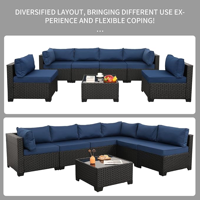 Rattaner Outdoor Sectional Sofa Set 7 Pieces Black Wicker Patio Furniture Couch Glass Table with Non-Slip Cushions Furniture Cover, Navy Blue