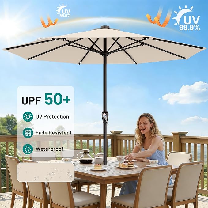 AreShark 12FT Large Patio Umbrella with Solar Lights, Solar Powered Outdoor Umbrella with Crank, Patio Table Market Umbrellas for Garden, Deck, Backyard, Pool and Beach, Cream-White