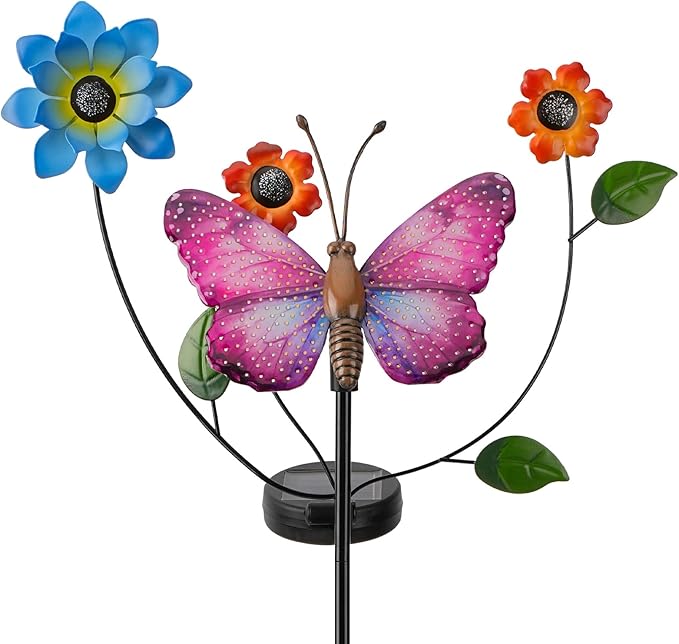Solar Butterfly Garden Lights, 2 Lighting Modes, Colorful LED with Flower & Butterfly Decor, Waterproof Solar Stake Lights for Garden Yard Patio Lawn Pathway (Purple)